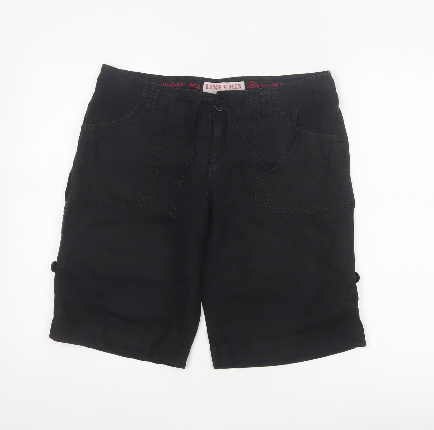 New Look Women Black UK 12 Linen Cotton Cargo Bermuda Shorts