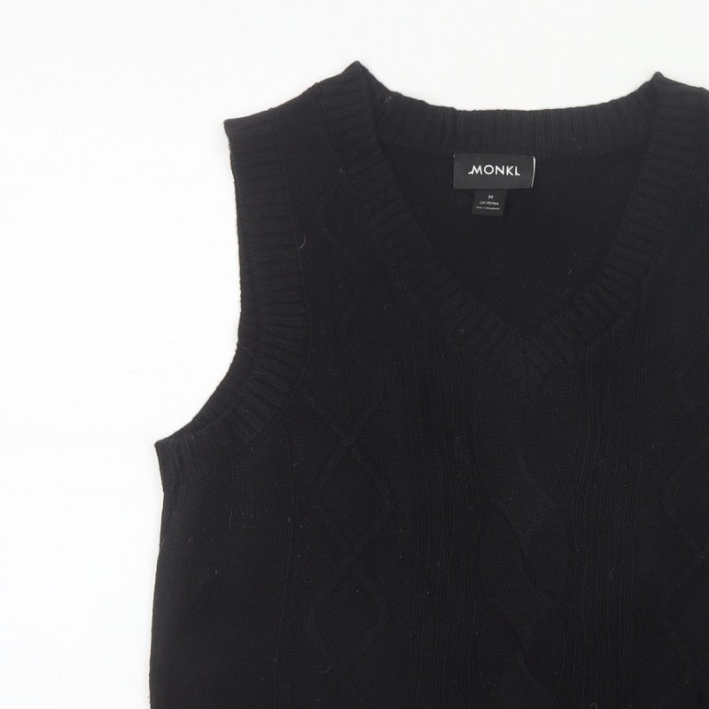 MONKI Women Black UK 12 Cable Knit V-Neck Sleeveless Jumper Vest