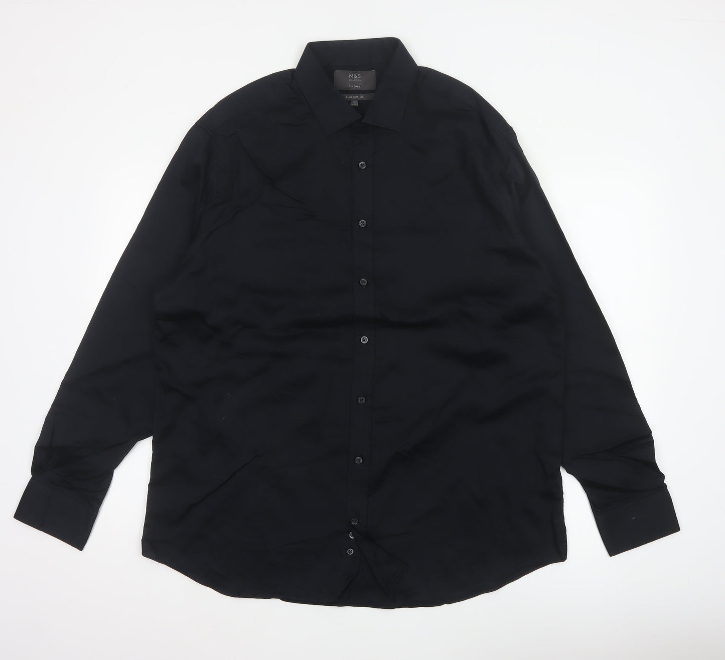 Marks & Spencer Men Black 17.5 Tailored Pure Cotton Long Sleeve Shirt