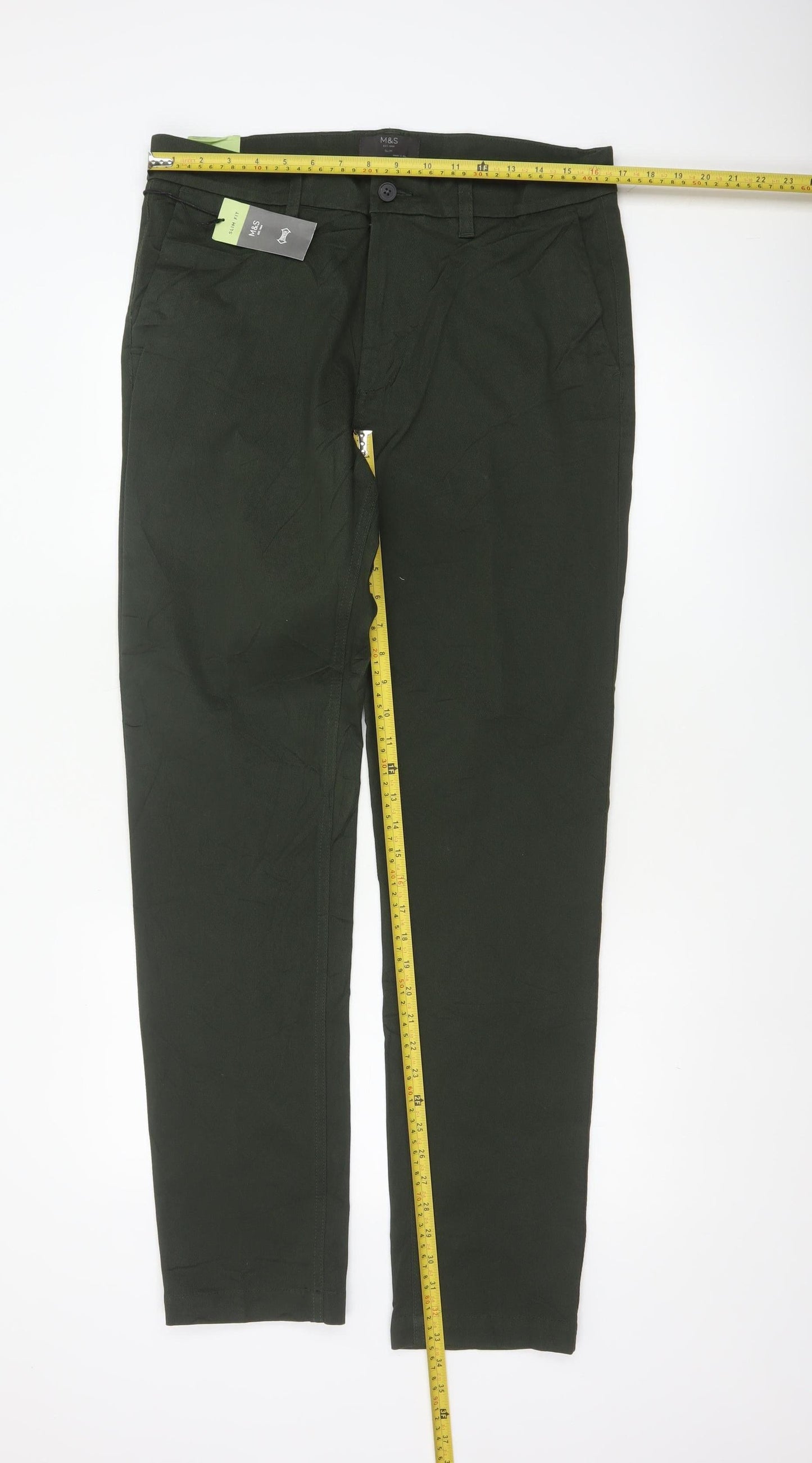Marks and Spencer Men's Green 34/33 Slim Fit Stretch Chino Trousers