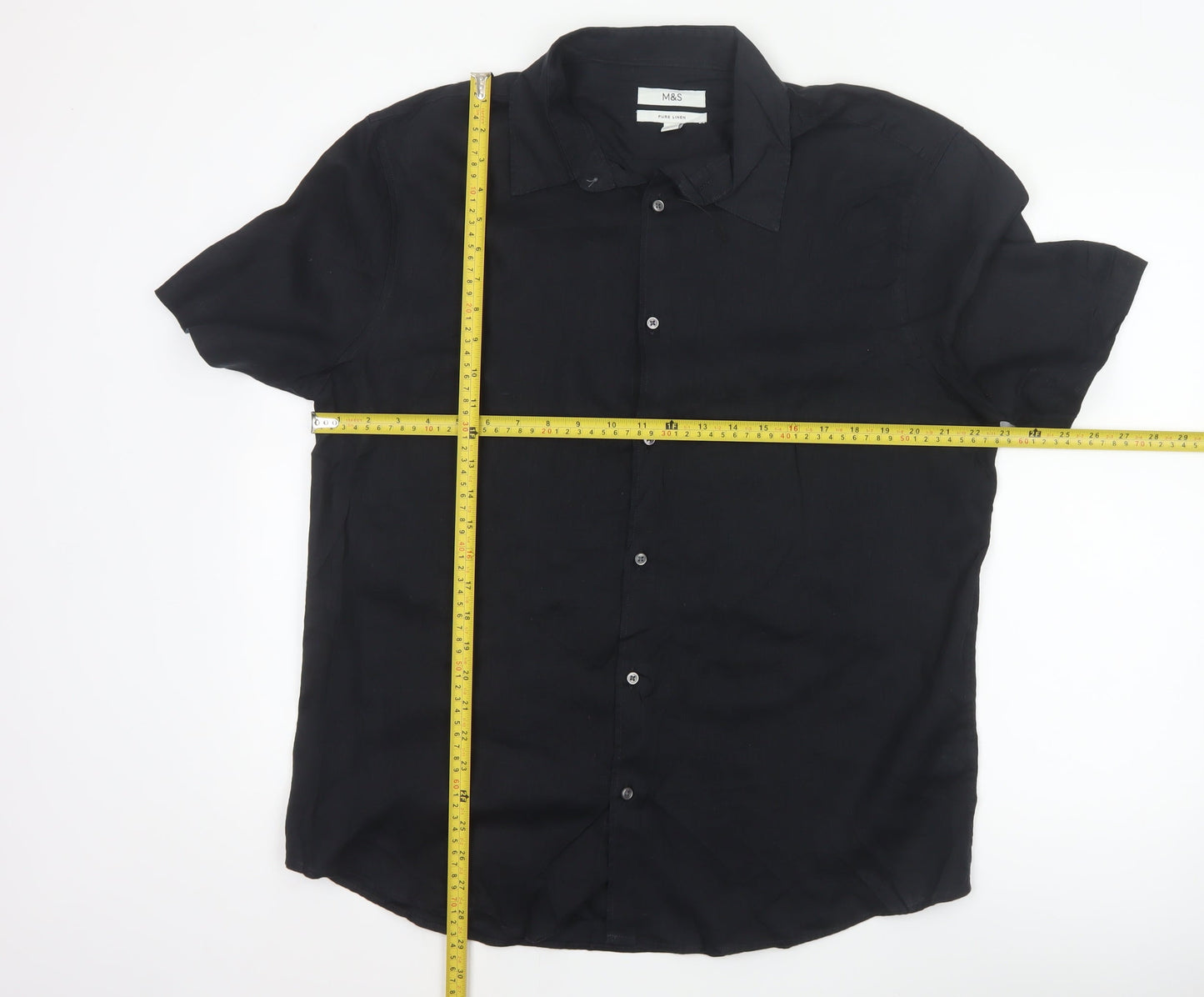 Marks and Spencer Men Black L Pure Linen Short Sleeve Button-Up Shirt