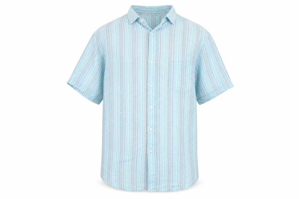 M&S Men Blue XL Linen Striped Short Sleeve Button-Up Shirt