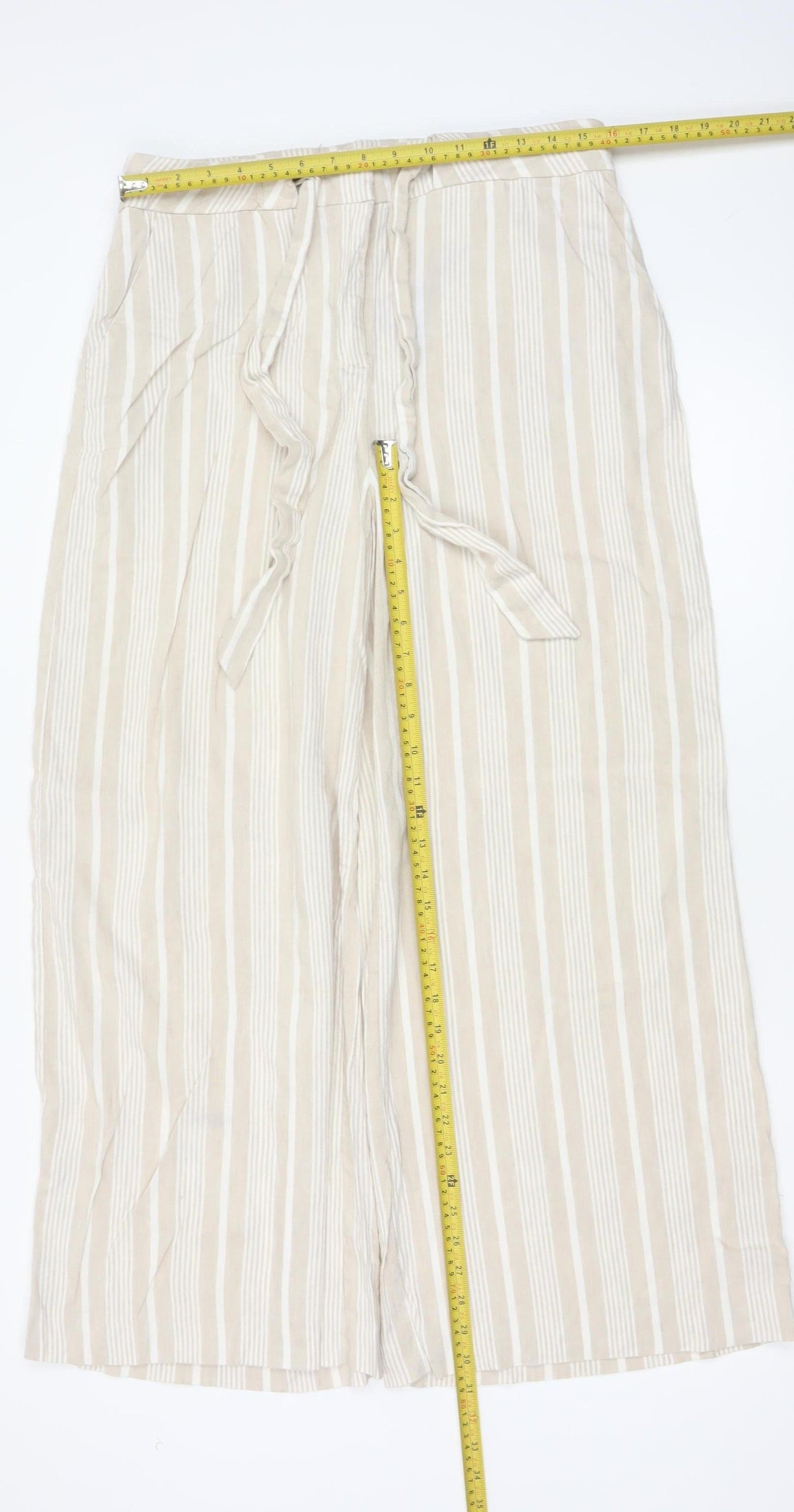 Mint Velvet Women Beige Stripe Linen Wide Leg Tie Trousers UK 4