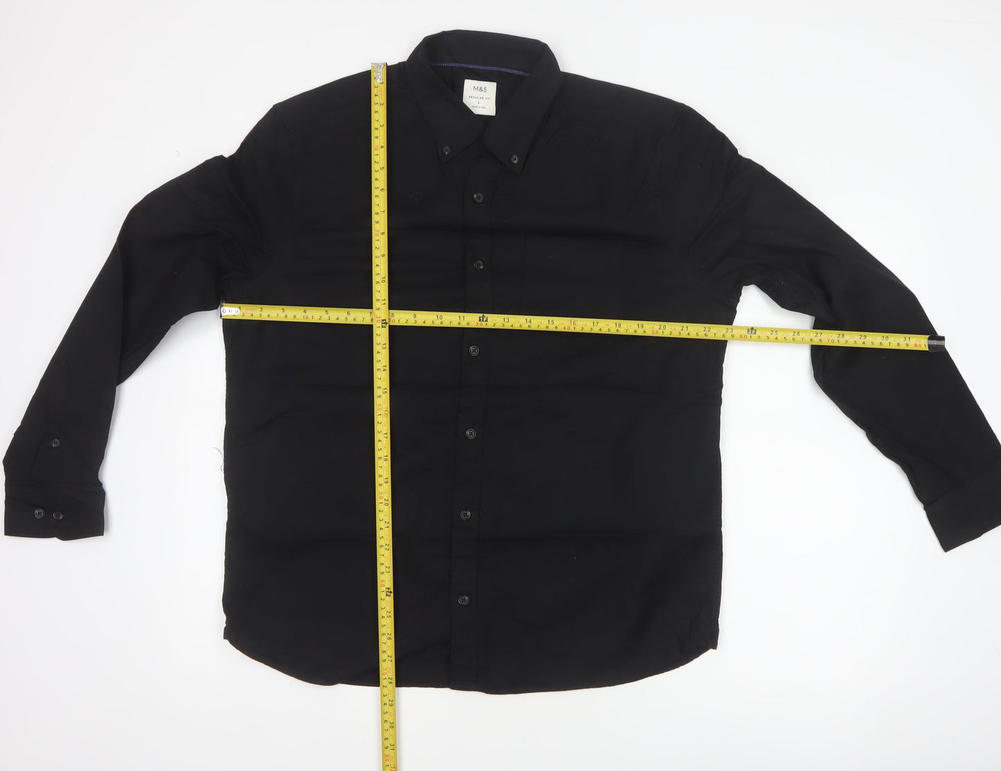 Marks and Spencer Men Black L Regular Fit Cotton Button-Down Shirt