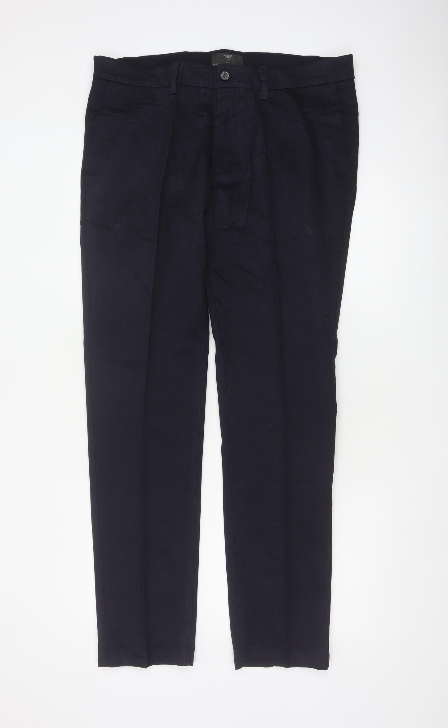 M&S Mens Navy Blue 36/33 Slim Straight Cotton Trousers