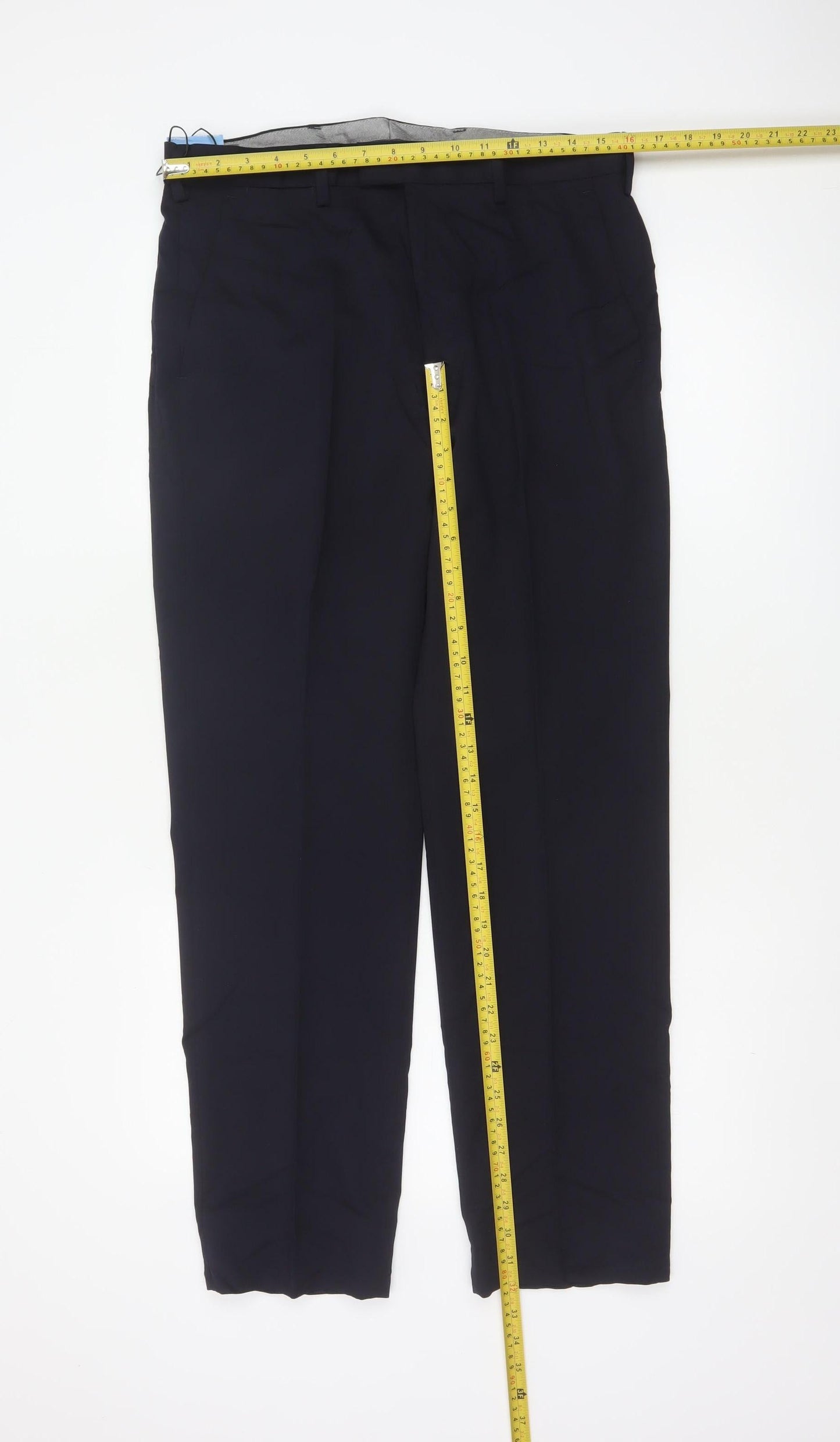 Marks & Spencer Men Navy 32/31 Wool Blend Flat Front Dress Trousers