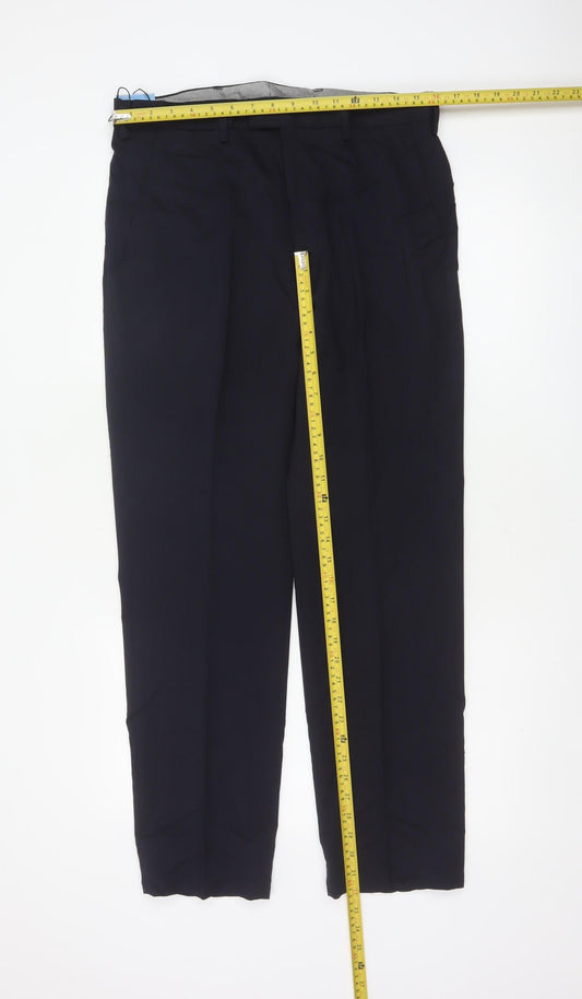 Marks & Spencer Men Navy 32/31 Wool Blend Flat Front Dress Trousers
