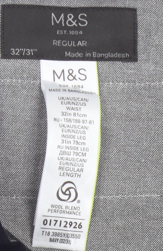 Marks & Spencer Men Navy 32/31 Wool Blend Flat Front Dress Trousers