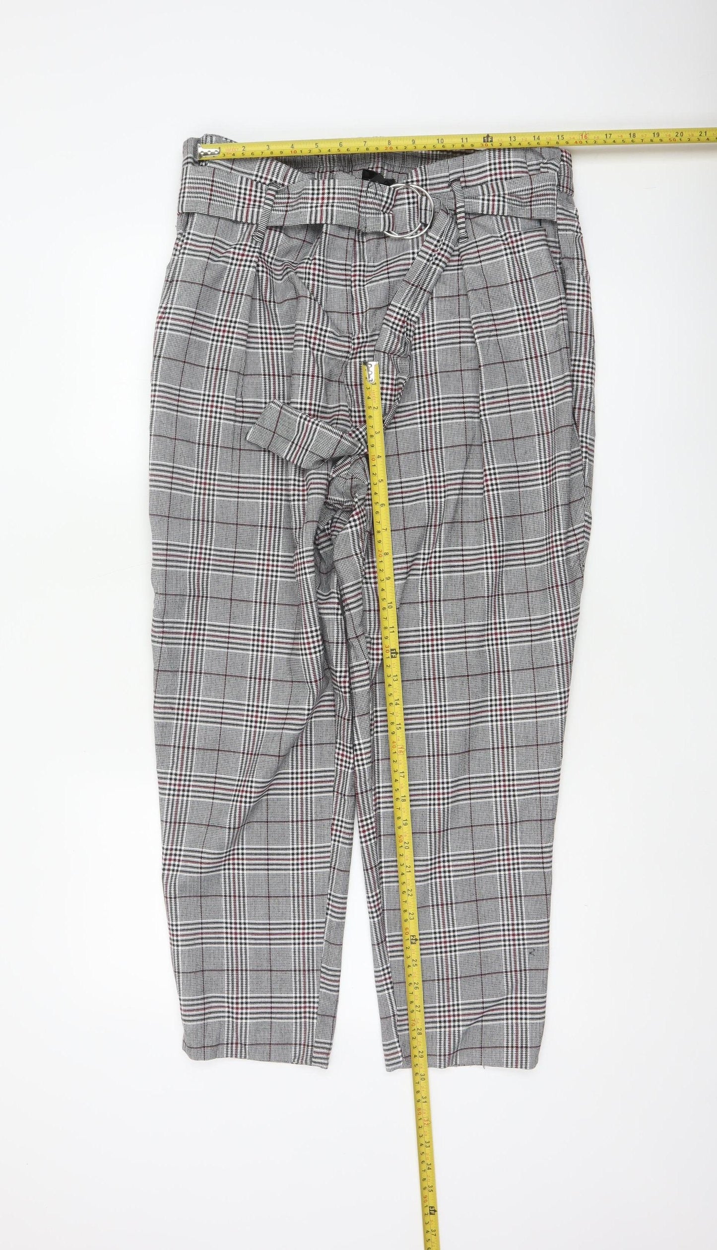 River Island Women Grey Plaid Paperbag Tapered Trousers Size 18