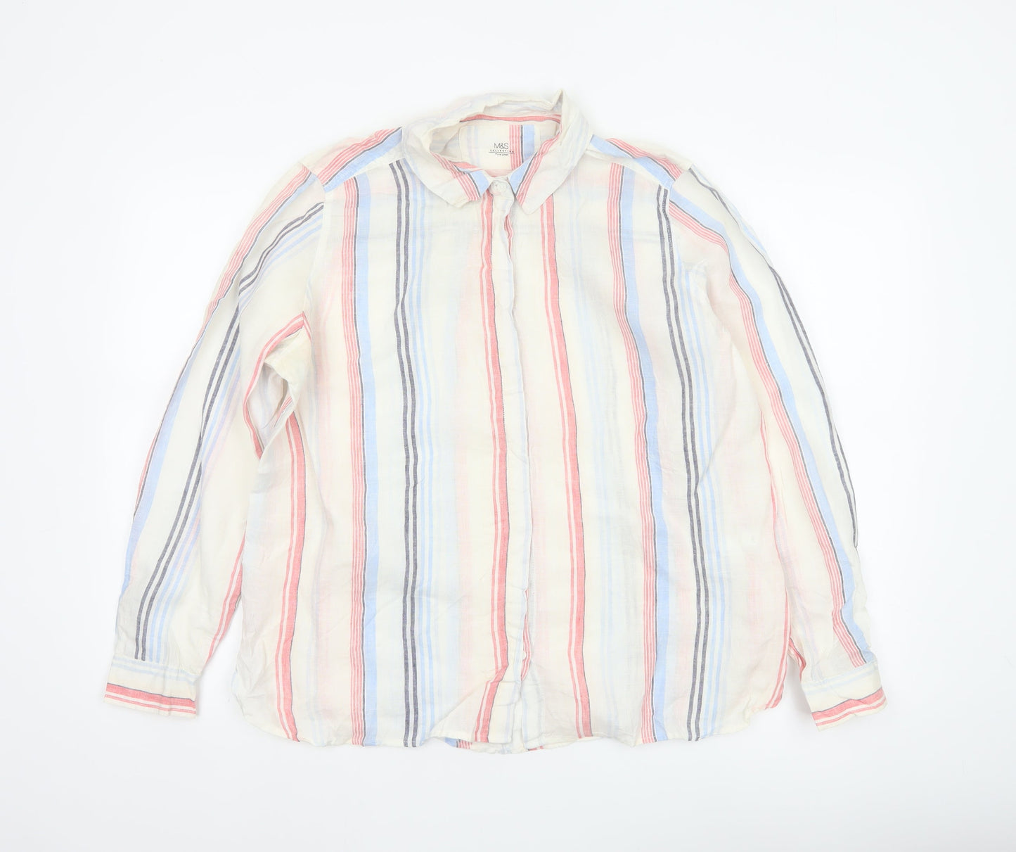 Marks and Spencer Women White UK 16 Striped Linen Basic Button-Up Blouse