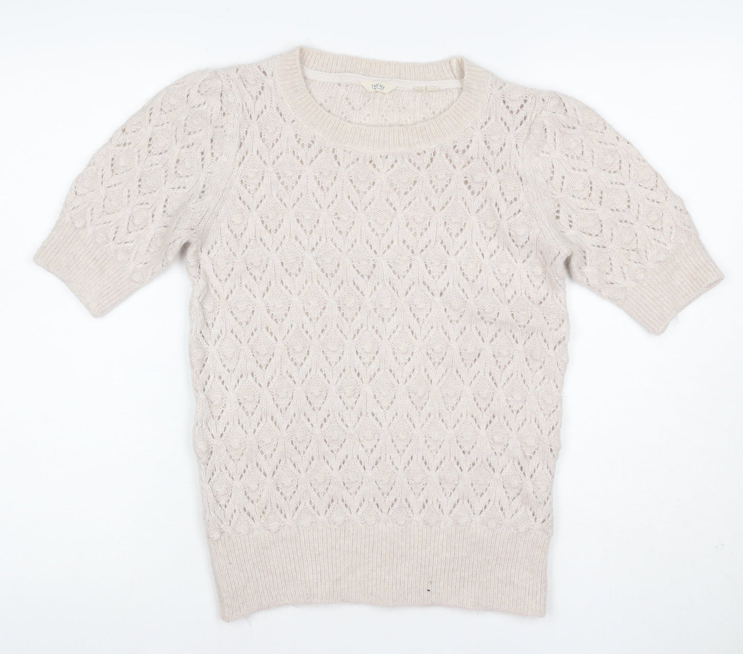 Fat Face Women Ivory Alpaca Blend Open-Knit Short Sleeve Pullover UK 8