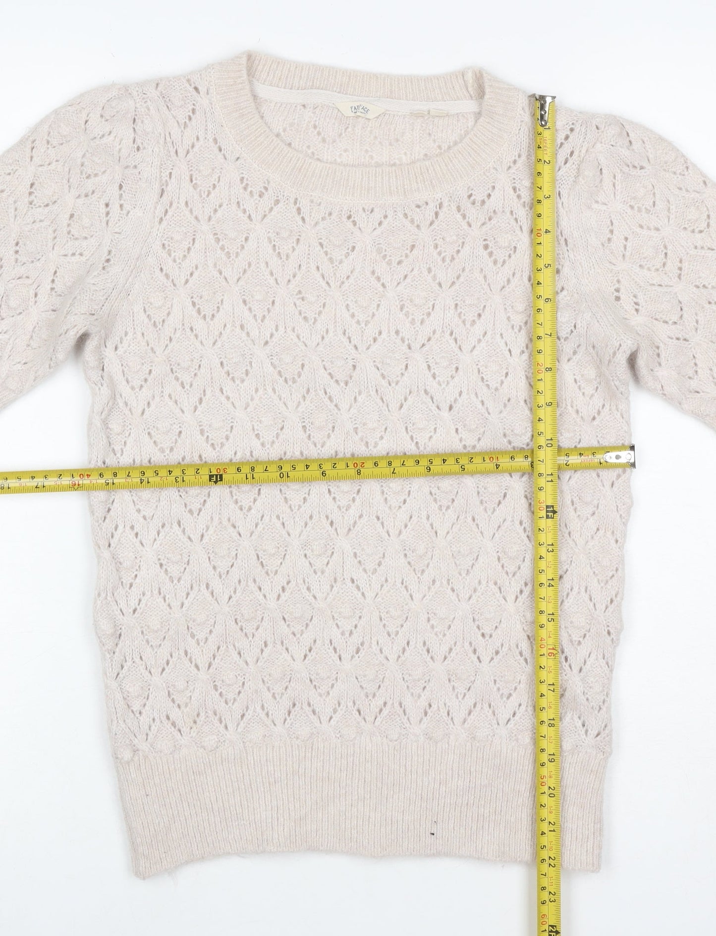 Fat Face Women Ivory Alpaca Blend Open-Knit Short Sleeve Pullover UK 8