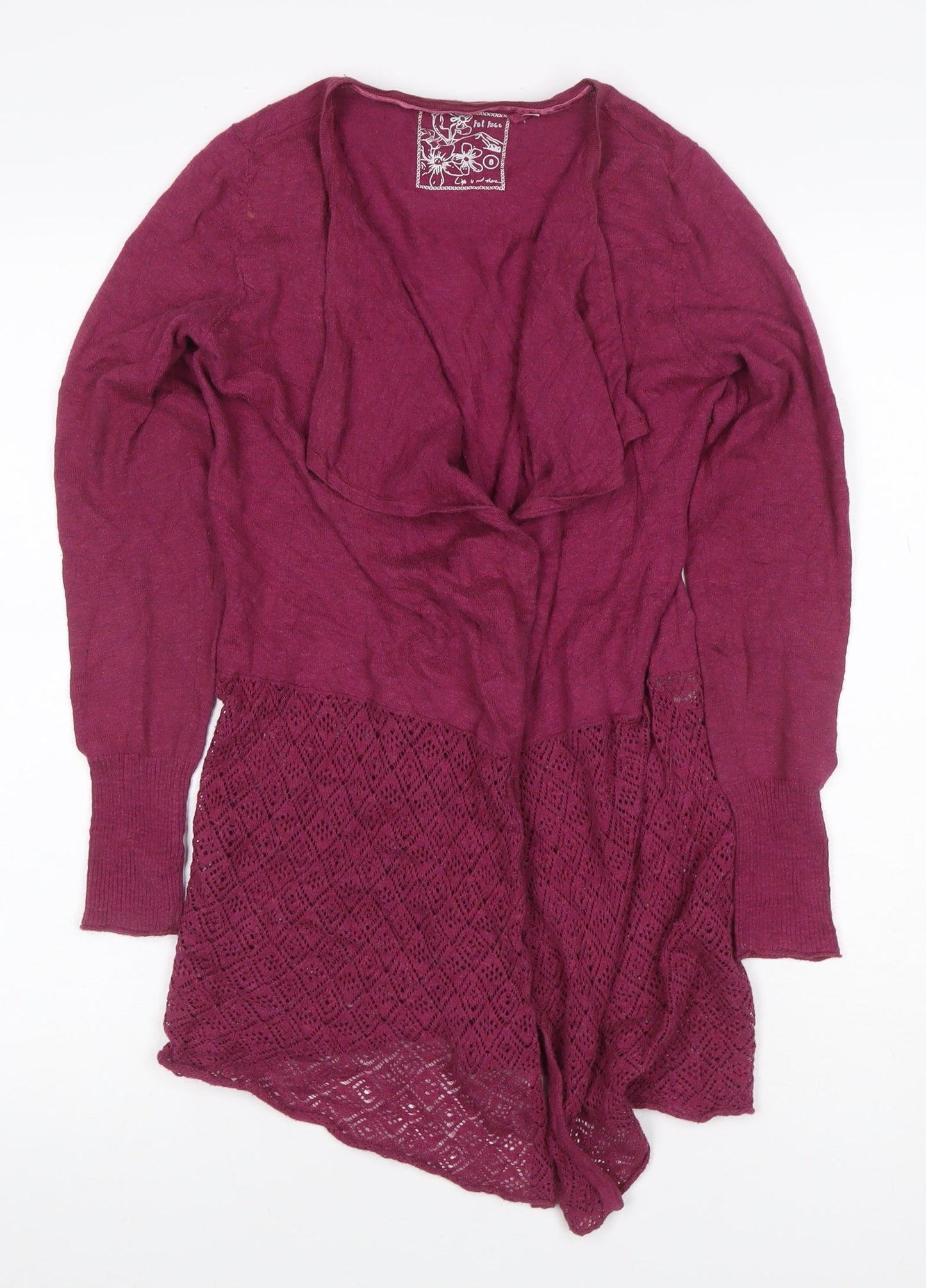 Fat Face Women Purple Open Knit Waterfall Cardigan Size 8 Long Sleeve