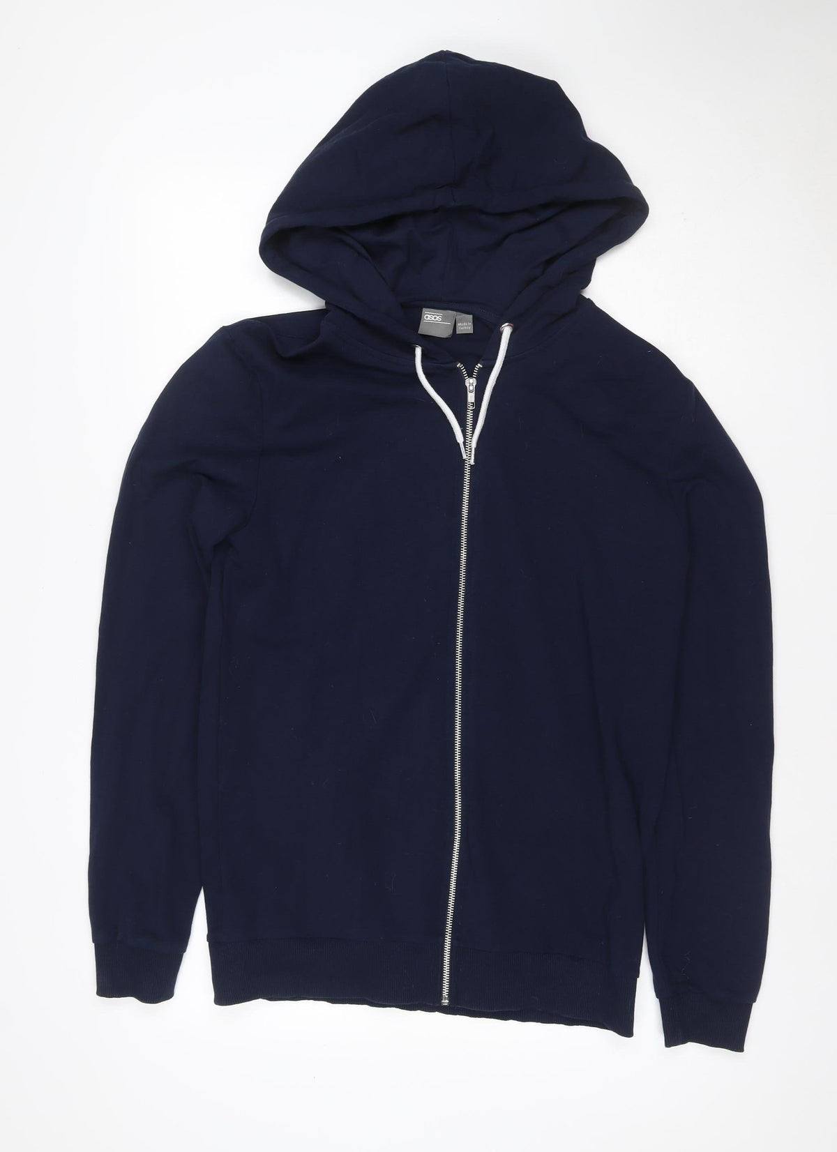 Back view of ASOS Men’s Navy Blue L Full Zip Hooded Hoodie Pockets