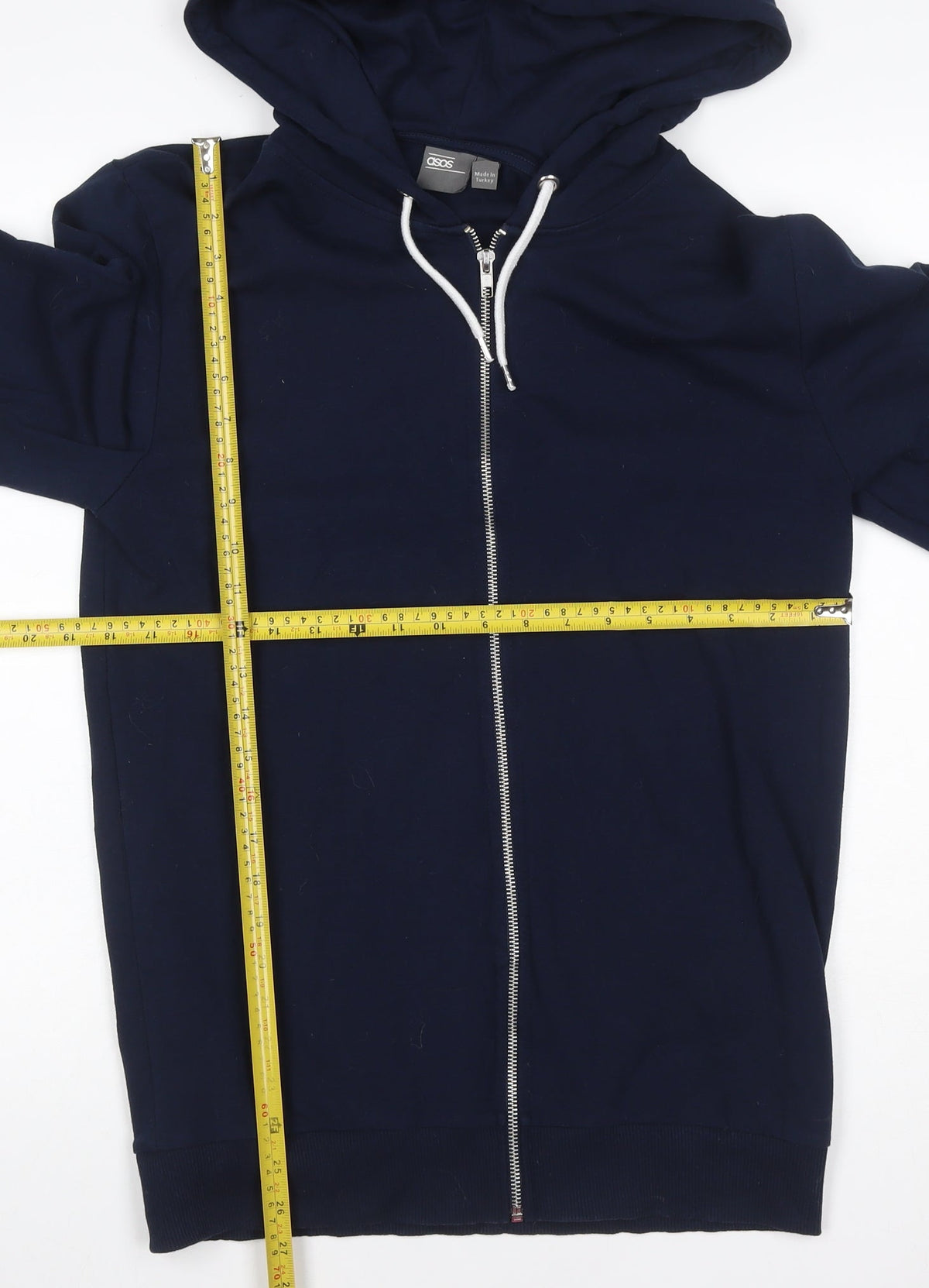 Brand and care label for ASOS Men’s Navy Blue L Full Zip Hooded Hoodie Pockets