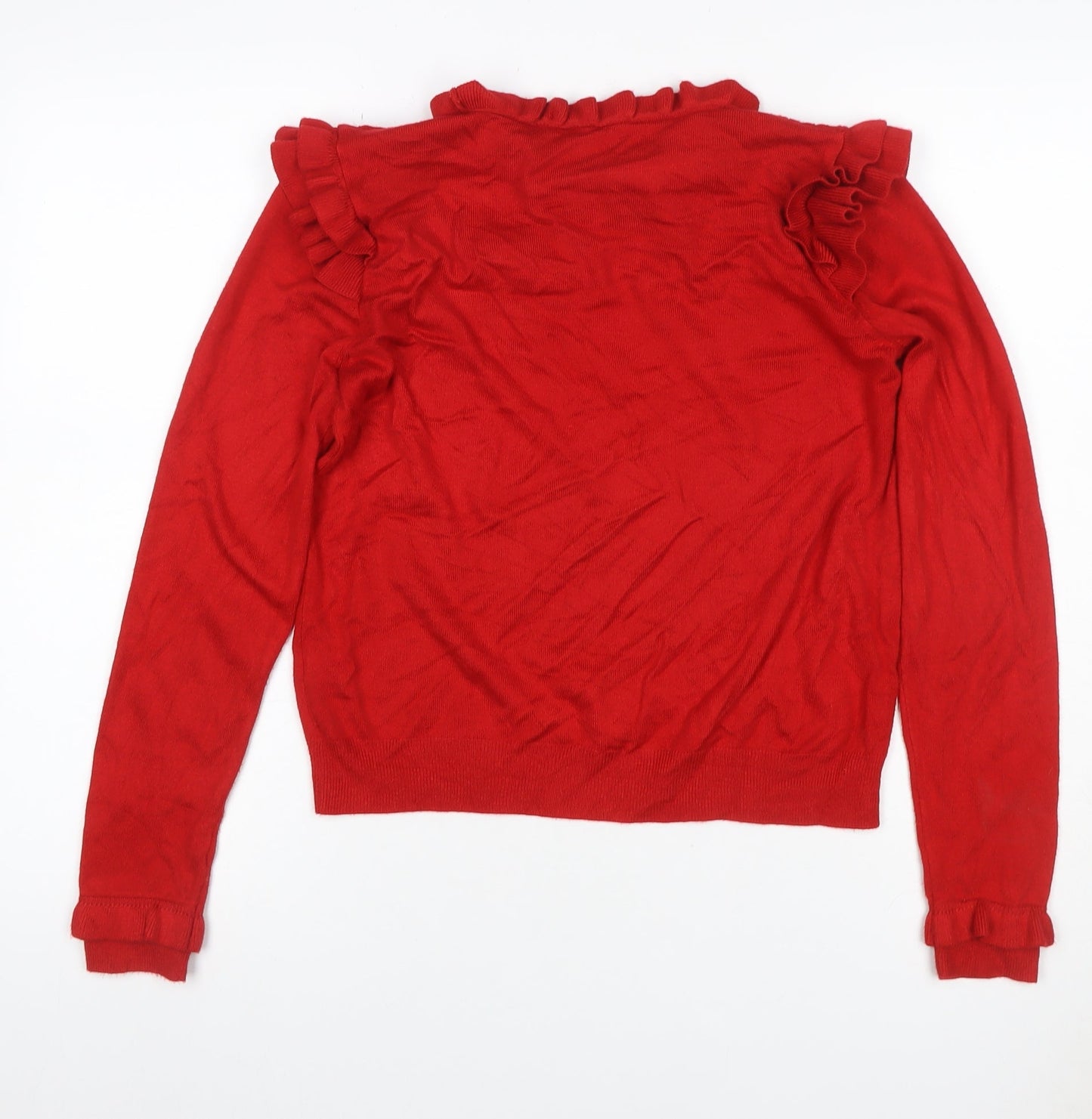 M&S Womens Red Size 12 Ruffle Open-Knit Long Sleeve Jumper