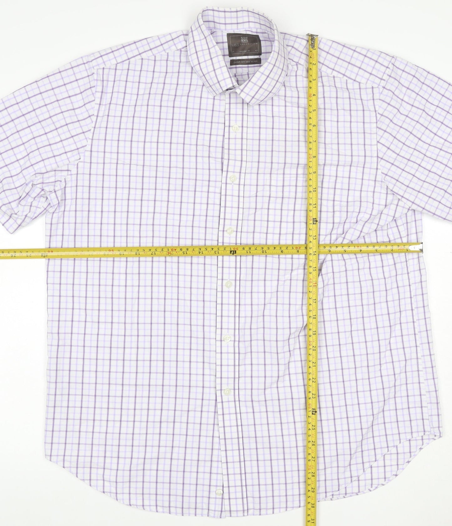 M&S Men White Purple Check Shirt 17 Regular Fit Short Sleeve