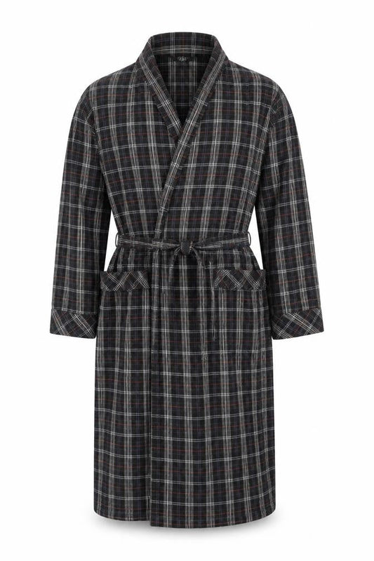 Black Brown Men’s Black Plaid Cotton Flannel Belted One Piece Pyjamas M