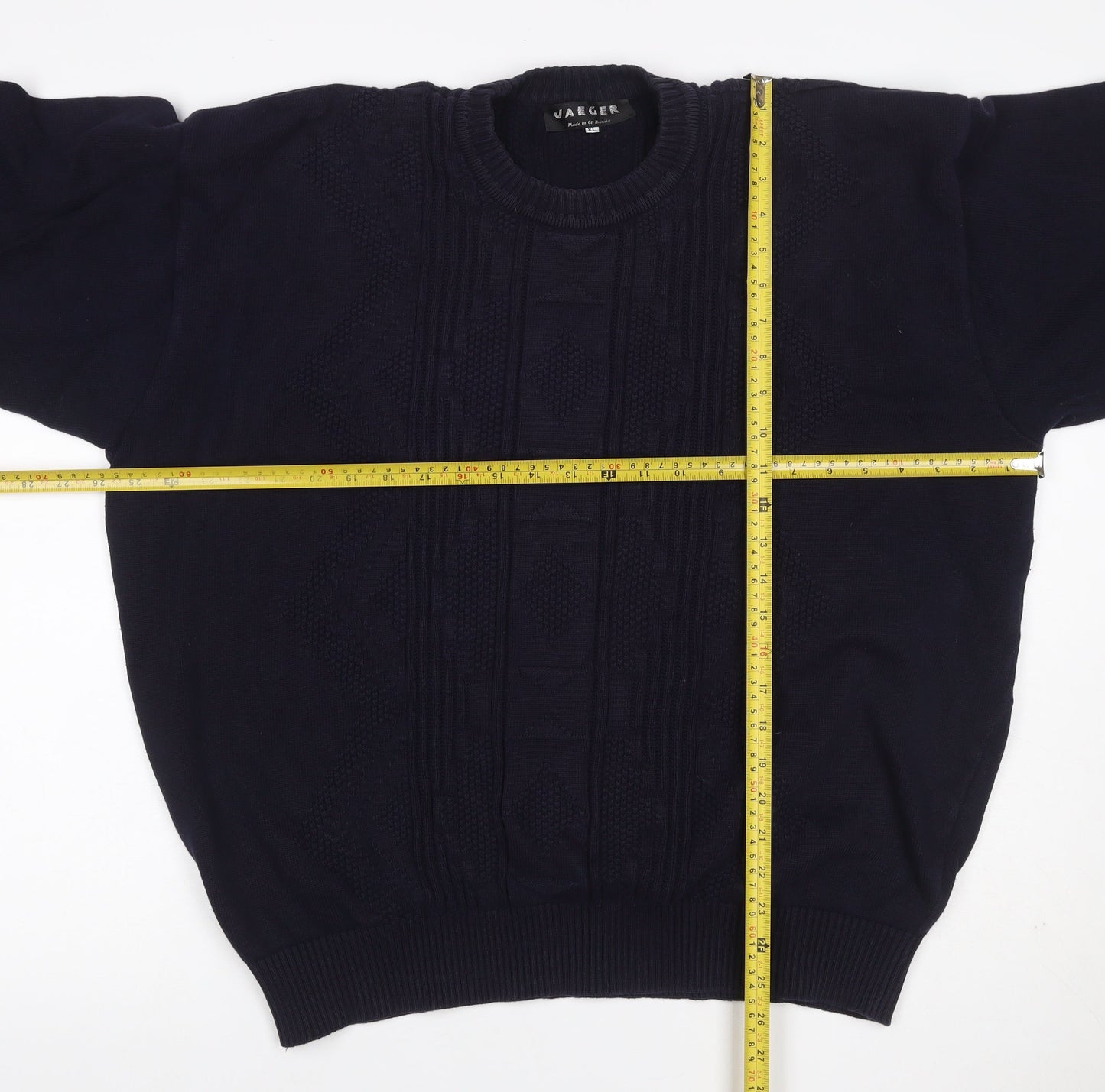 Jaeger Men’s Blue XL Cable Knit Cotton Crew Neck Pullover Jumper
