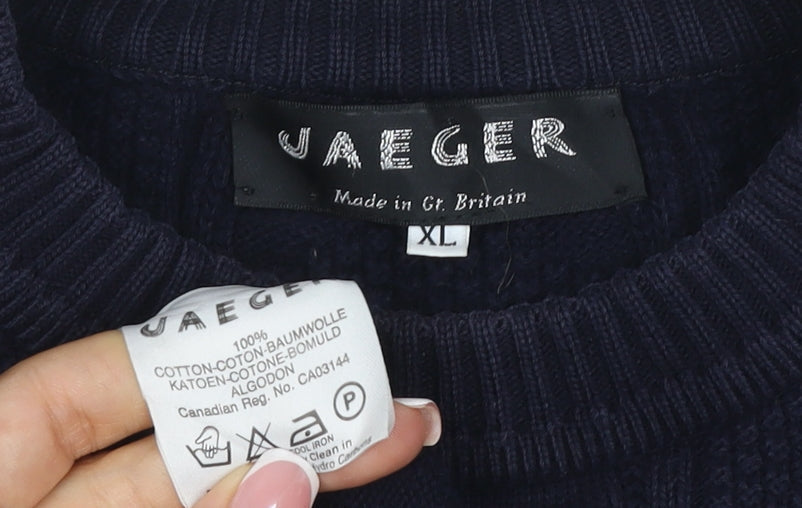 Jaeger Men’s Blue XL Cable Knit Cotton Crew Neck Pullover Jumper