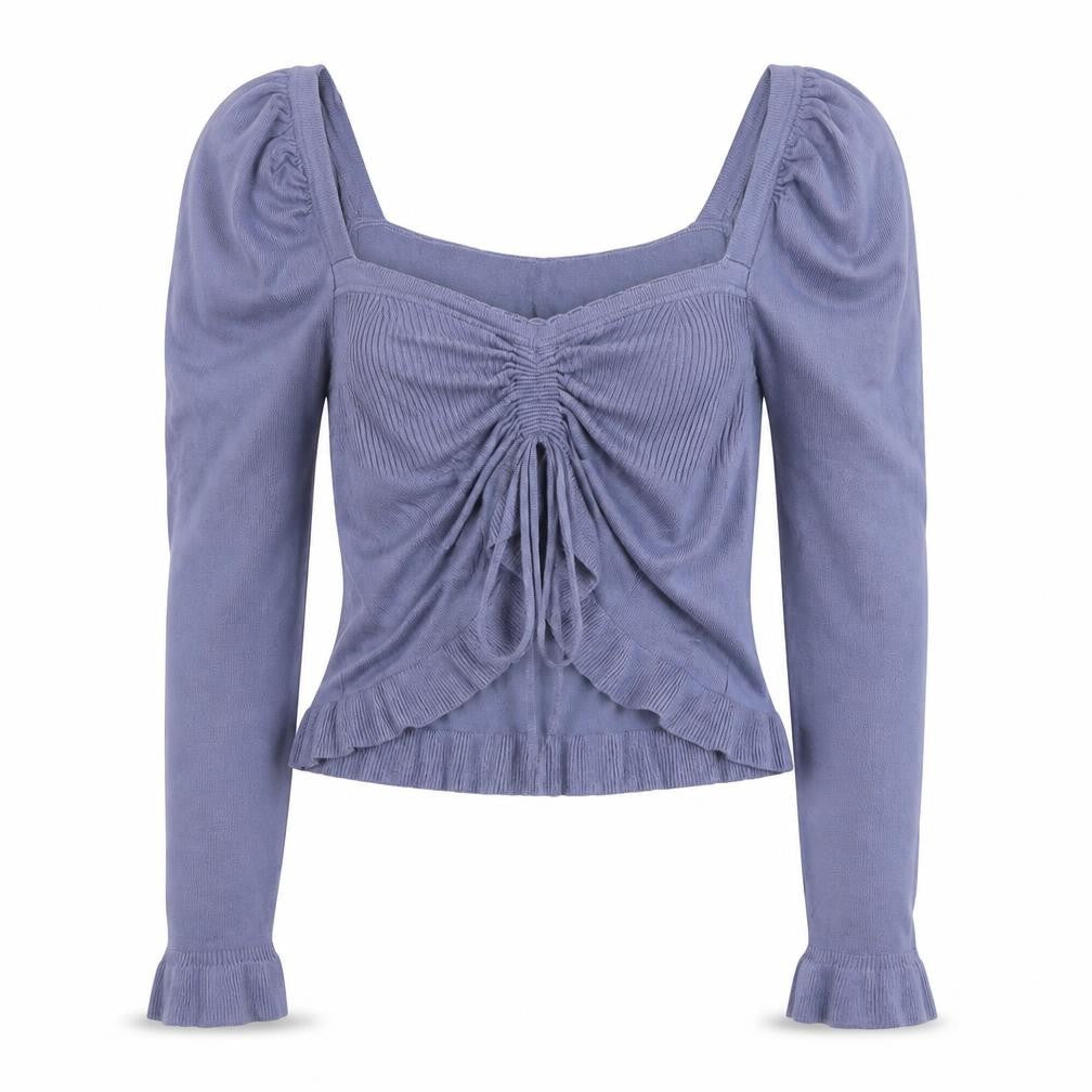 Zara Women’s Blue UK 10 Square Neck Puff Sleeve Ruffle Knit Jumper