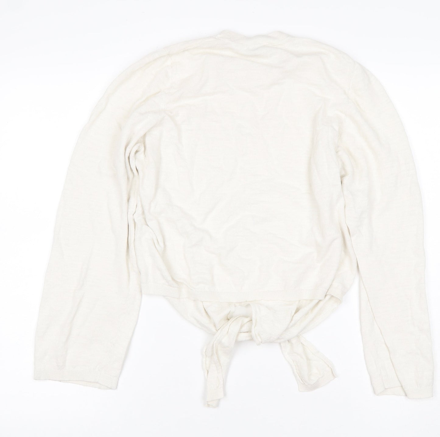 Jigsaw Women Ivory M Linen Cotton Tie Front Long Sleeve Knit Top