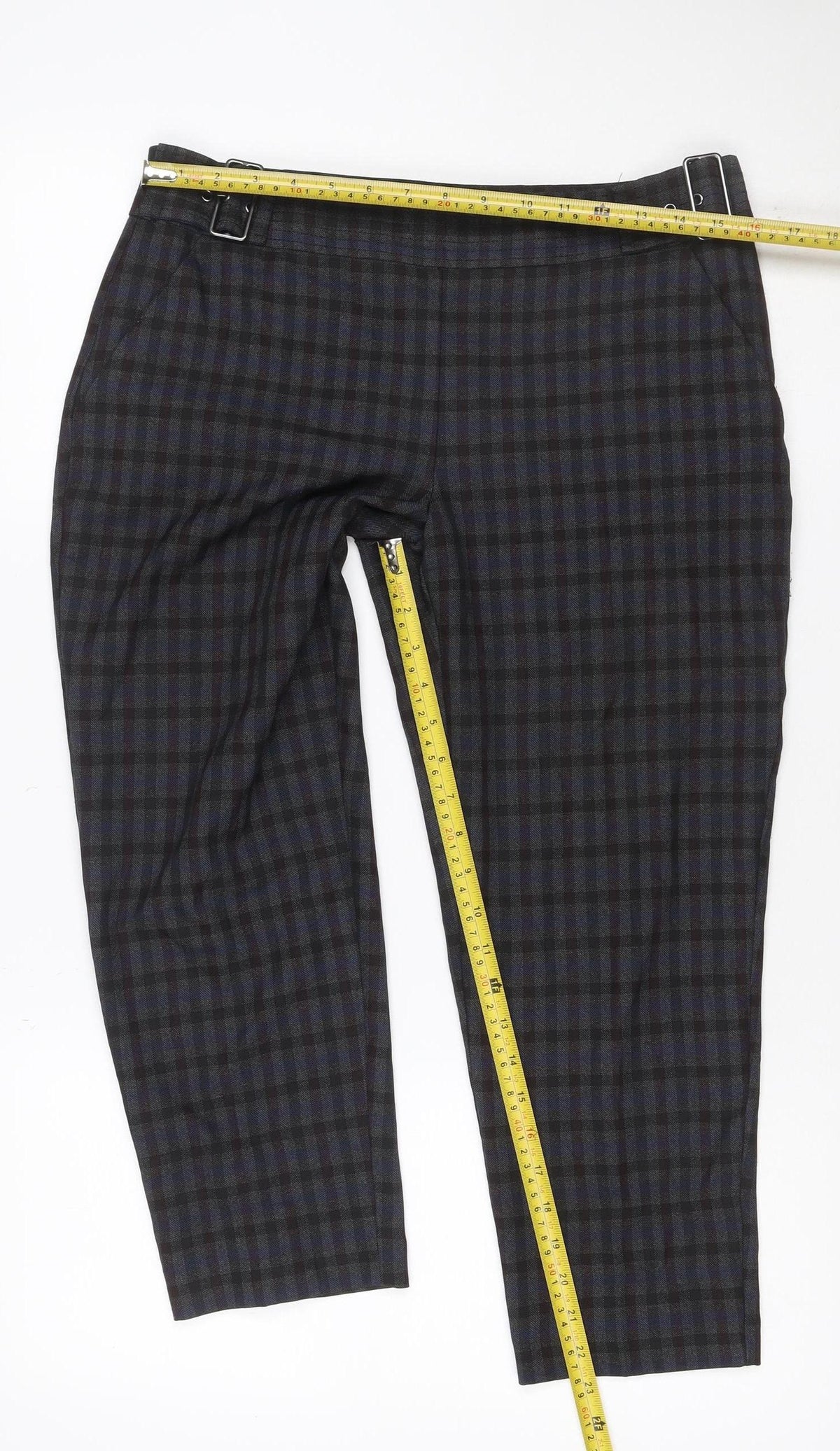 Dorothy Perkins Women Blue Check Straight Trousers UK 10 Adjustable Waist
