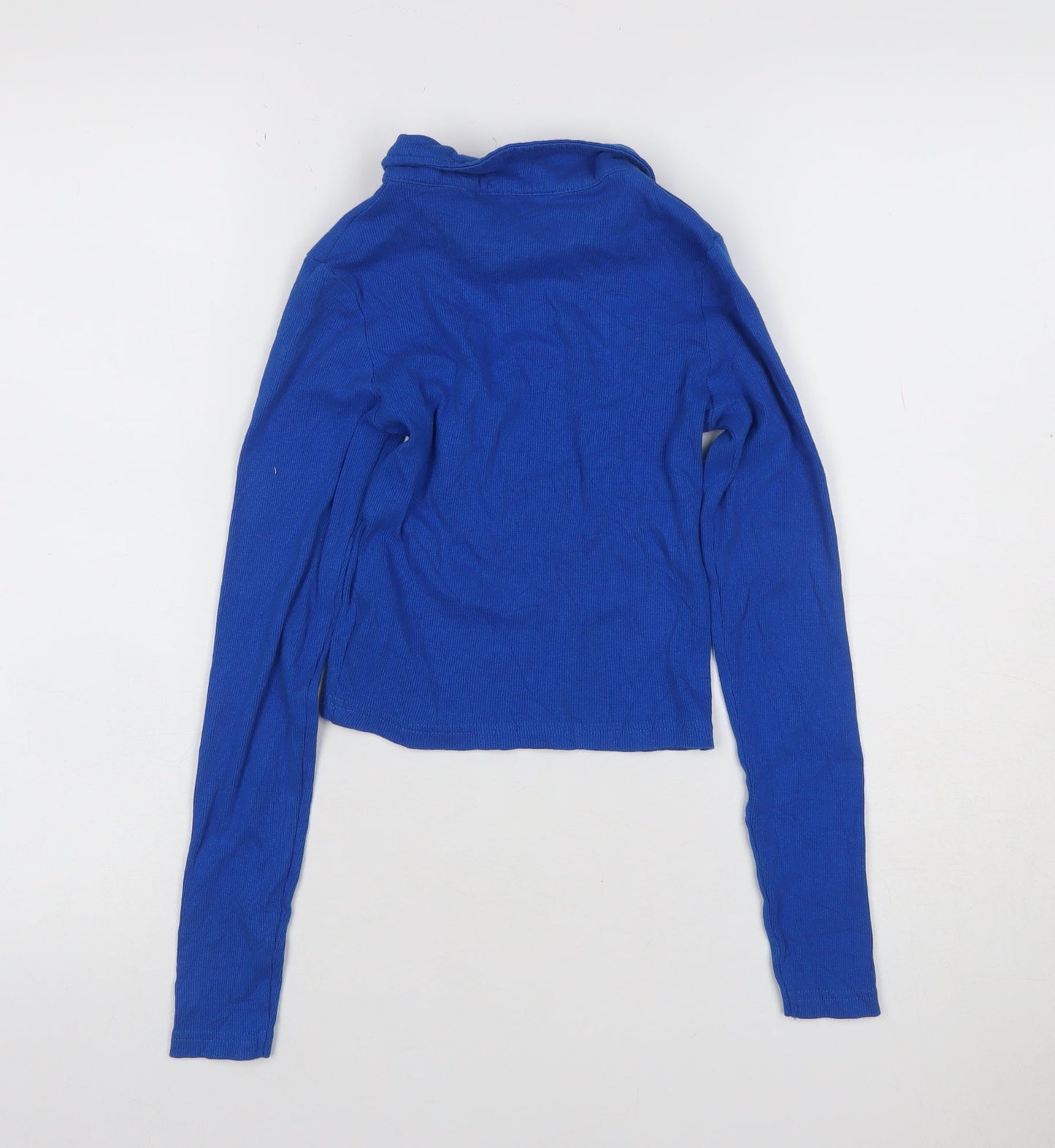 Brave Soul Women's Blue XS Cropped Collared Long Sleeve Polo Top