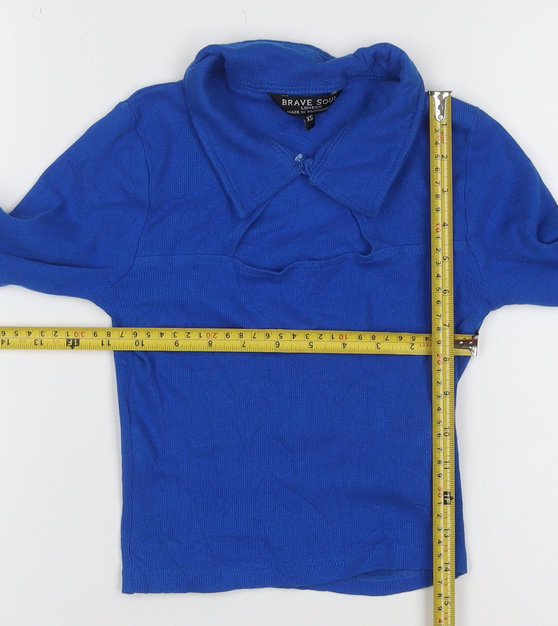 Brave Soul Women's Blue XS Cropped Collared Long Sleeve Polo Top