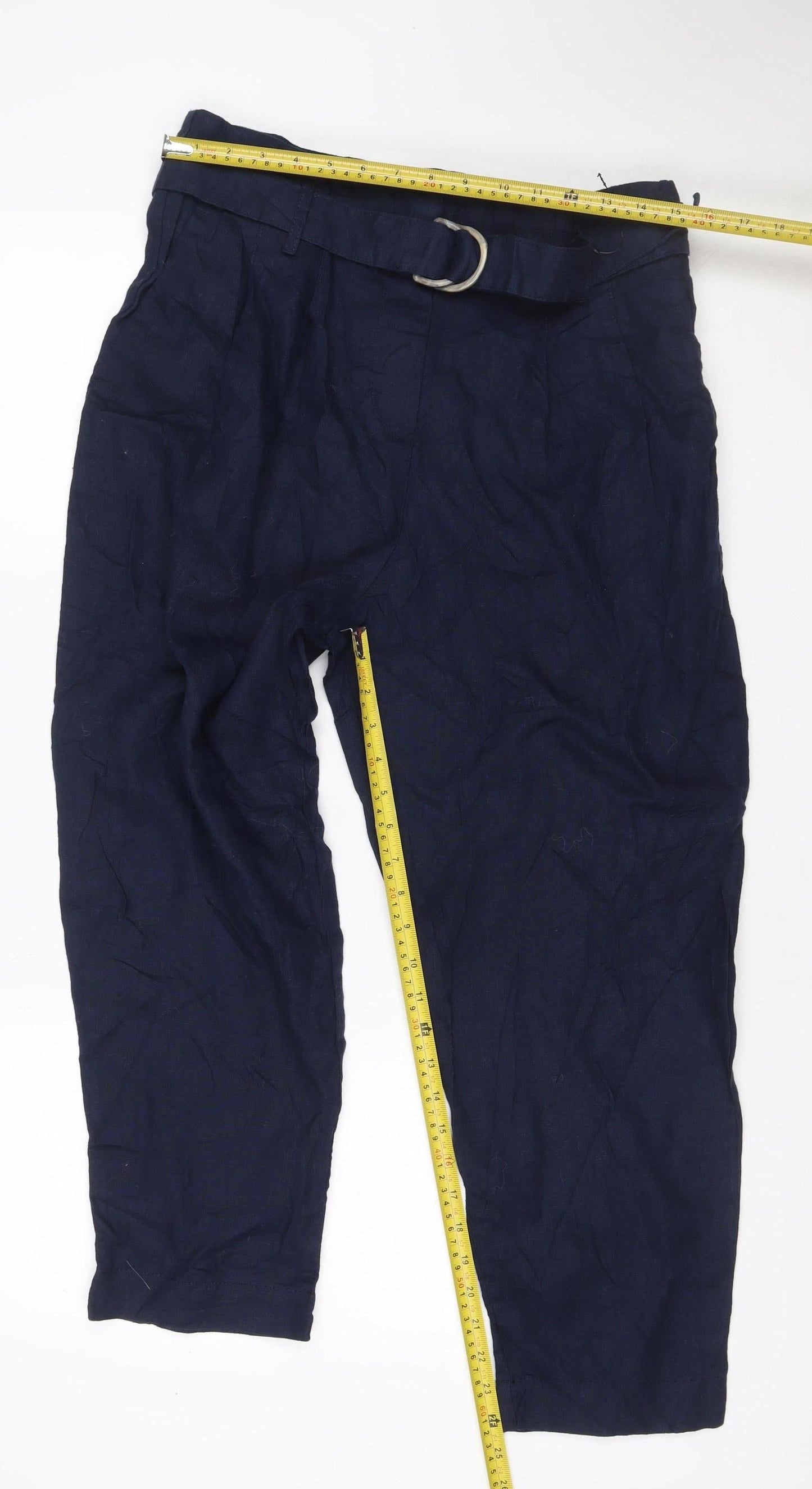 M&S Collection Women Blue Linen Cropped Straight Trousers UK 14