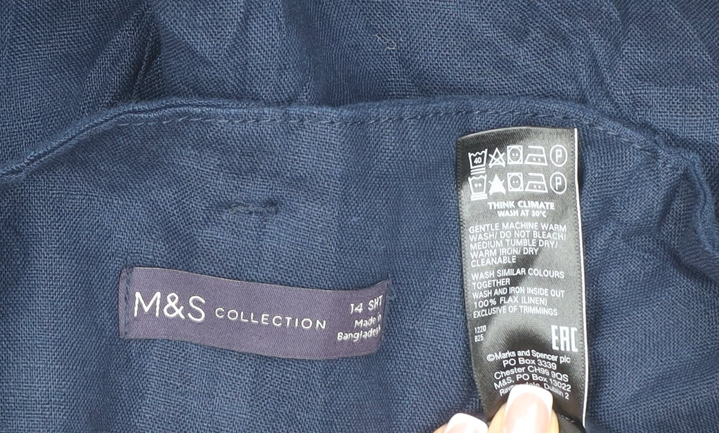 M&S Collection Women Blue Linen Cropped Straight Trousers UK 14