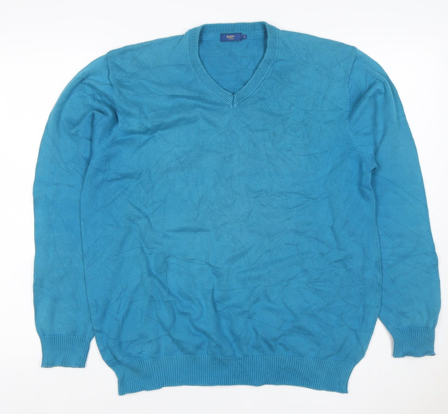 Cotton Traders Women’s Blue L V-Neck Cotton Knit Pullover Jumper