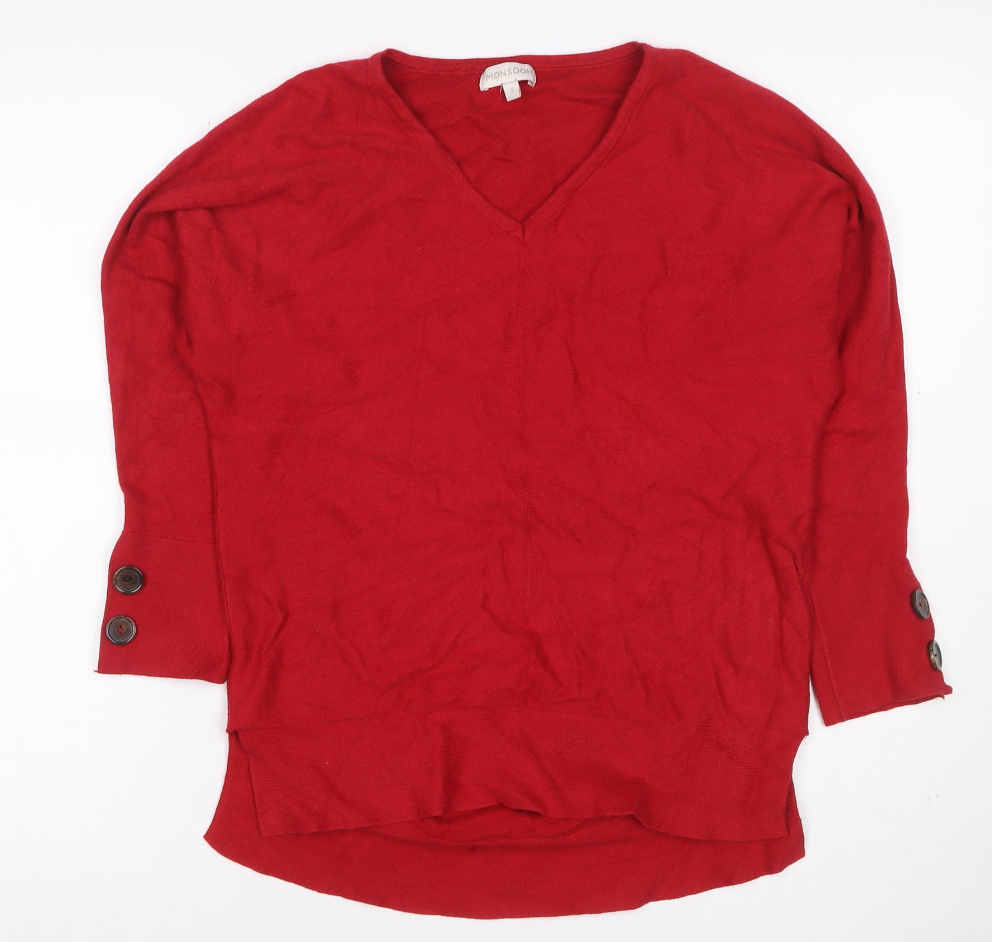 Monsoon Women Red Cashmere V-Neck Button Cuff Tunic Jumper Size S