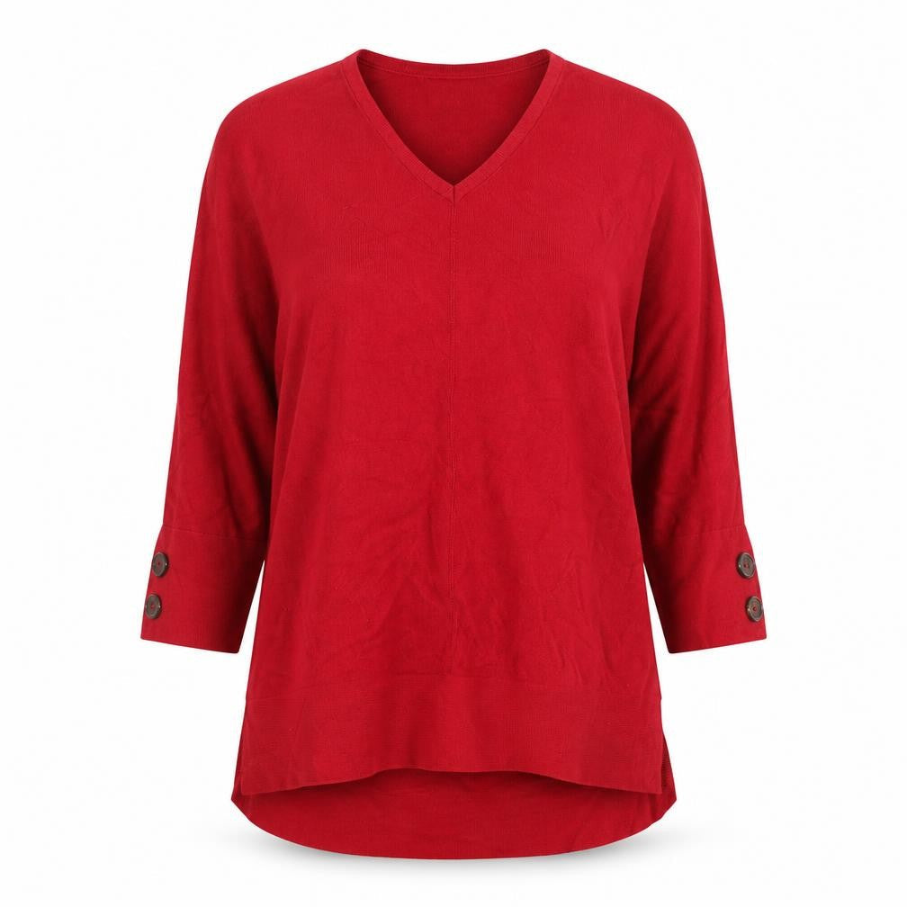 Monsoon Women Red Cashmere V-Neck Button Cuff Tunic Jumper Size S