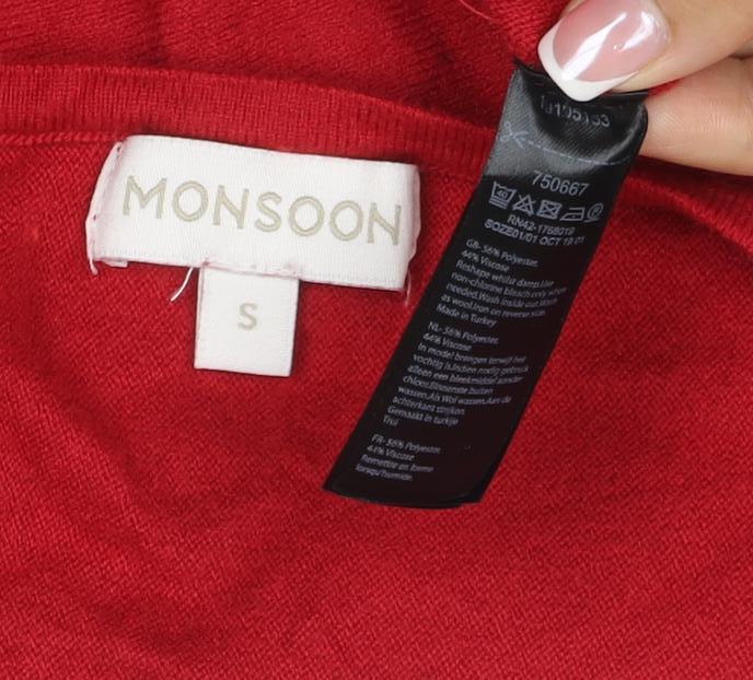 Monsoon Women Red Cashmere V-Neck Button Cuff Tunic Jumper Size S