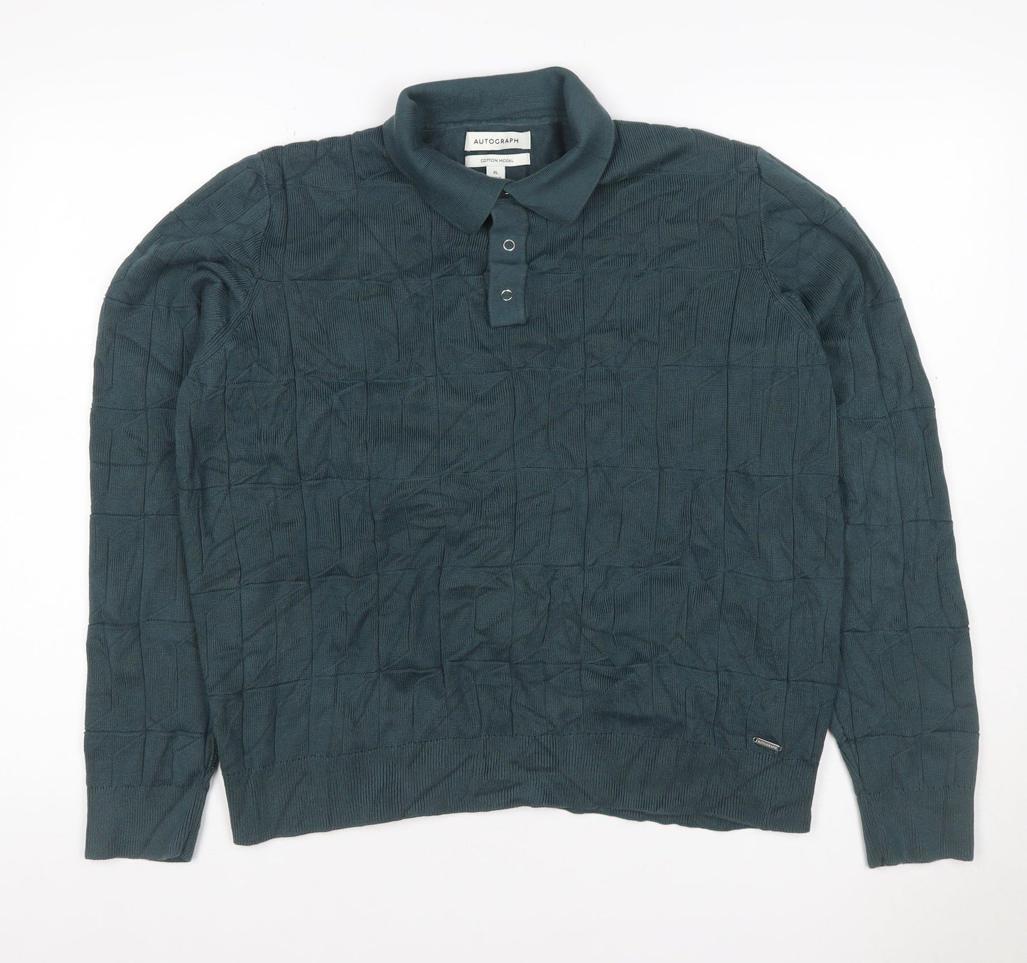 Autograph Men’s Green XL Collared Henley Cotton Modal Textured Jumper