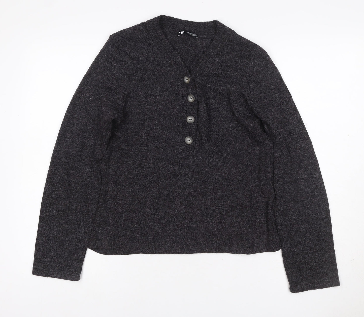 Zara Women’s Grey L Henley V-Neck Button Knit Jumper