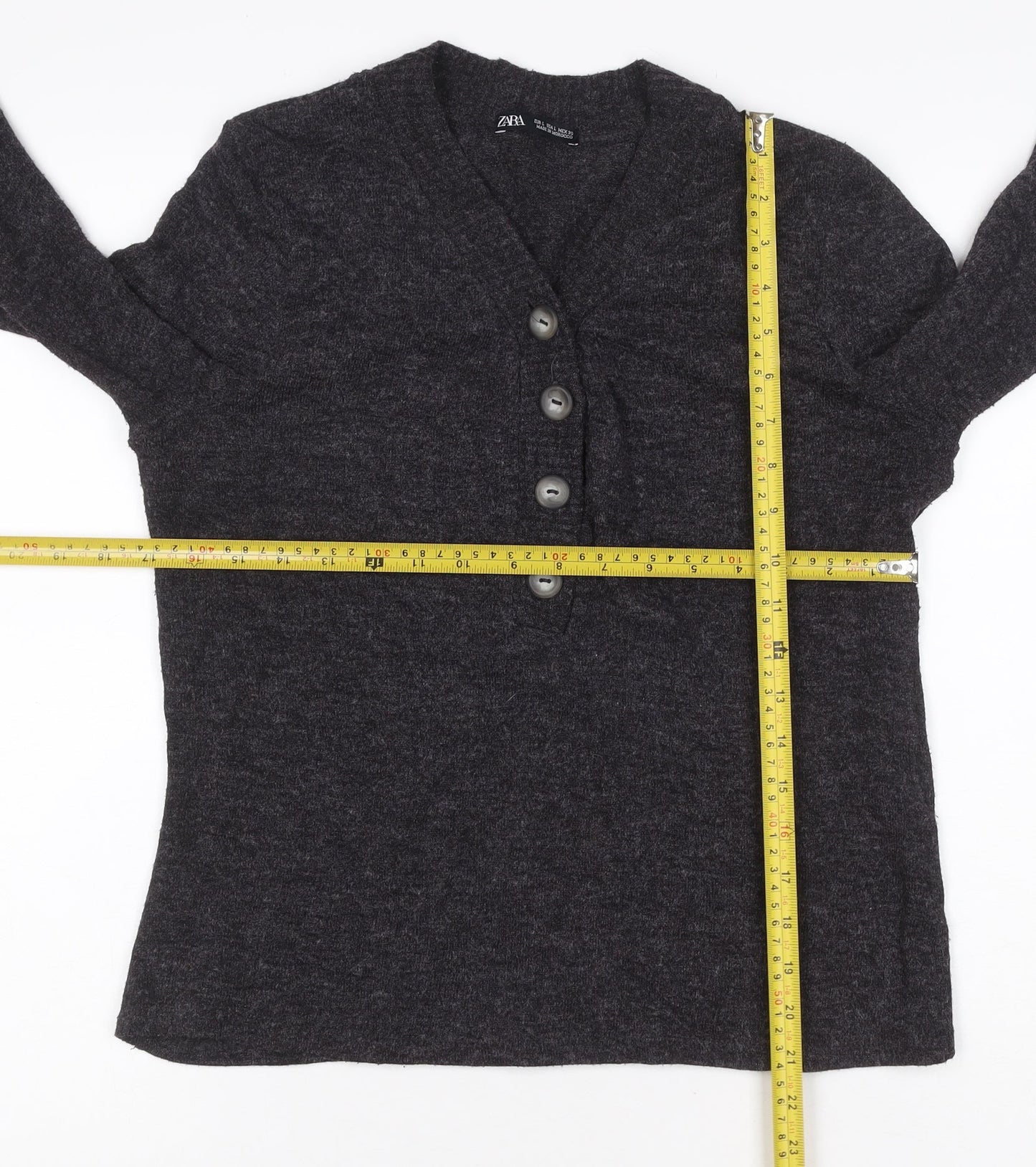 Zara Women’s Grey L Henley V-Neck Button Knit Jumper