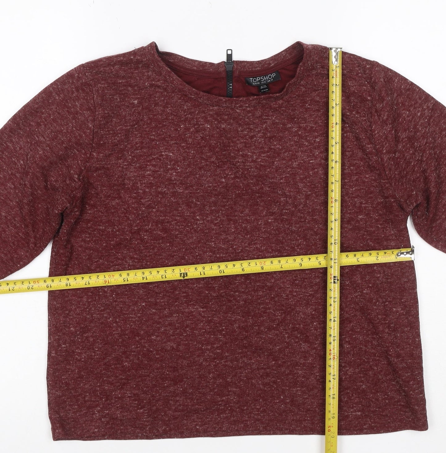 Topshop Women Red Marl Jersey Zip Back Short Sleeve T-Shirt UK 12