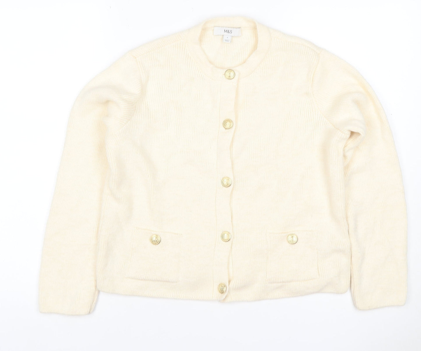 Marks and Spencer Women Ivory S Rib Knit Button Pocket Cardigan
