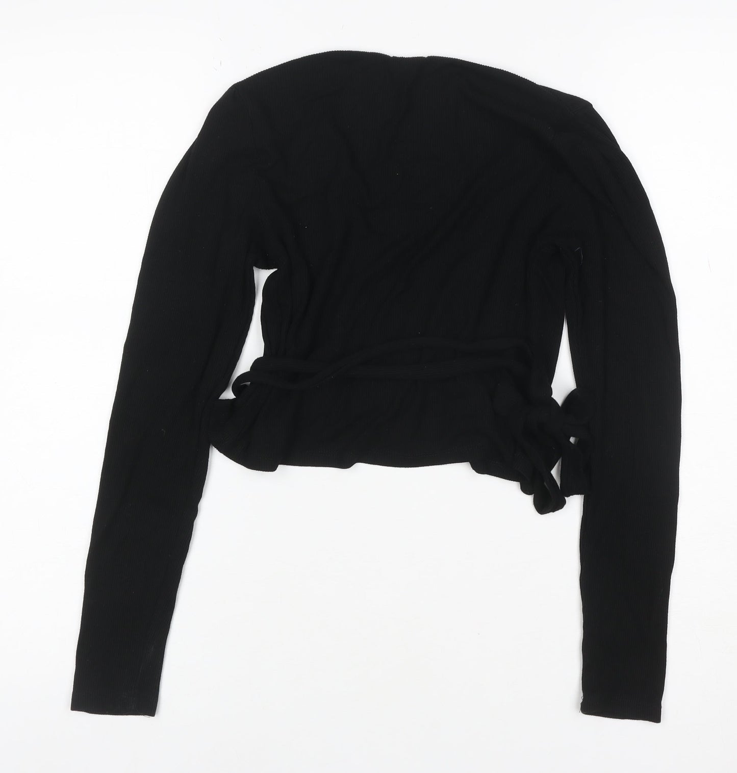 Stradivarius Women Black M V-Neck Belted Knit Wrap Cardigan