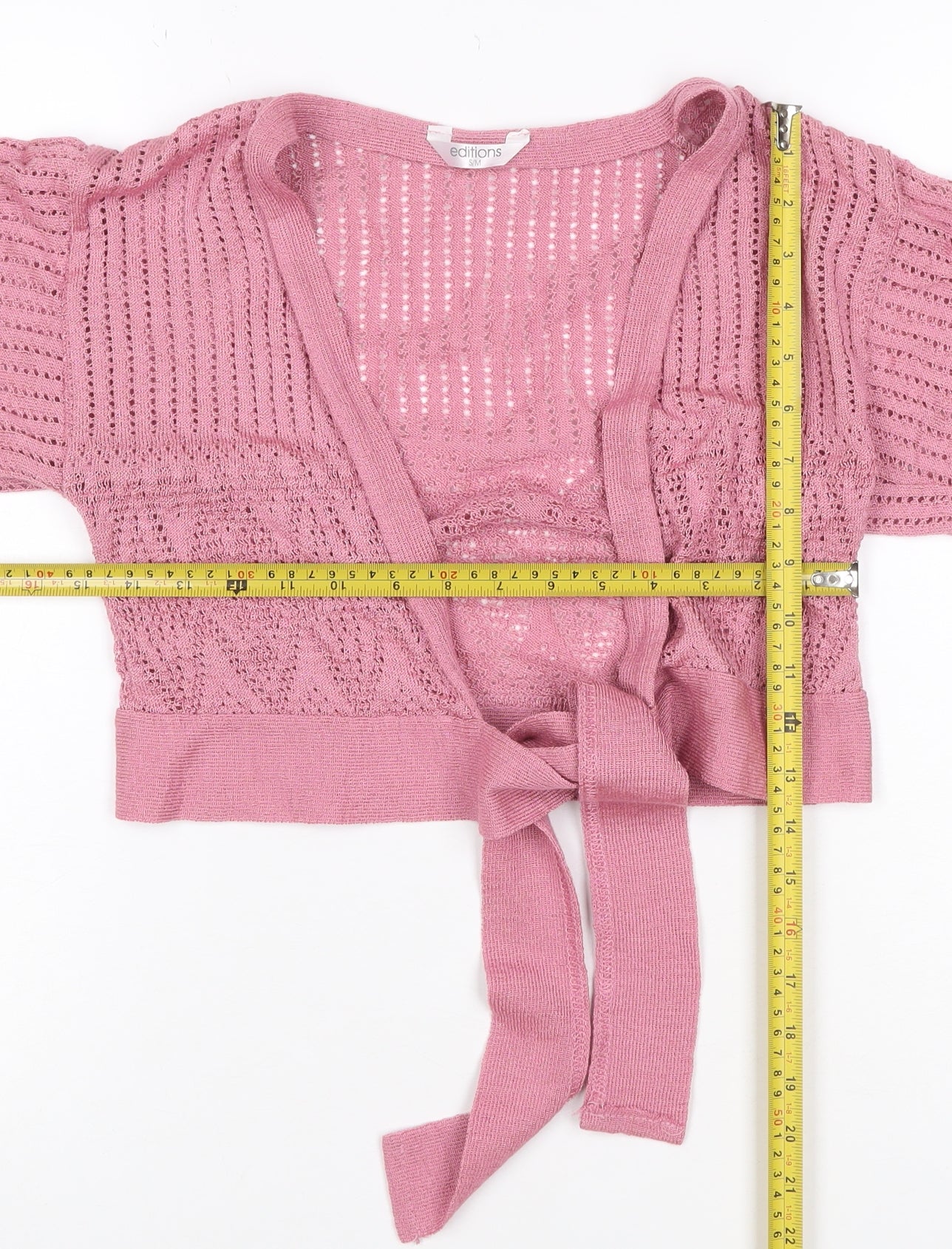Editions Women Pink Open Knit Tie Wrap Cardigan S/M 3/4 Sleeve