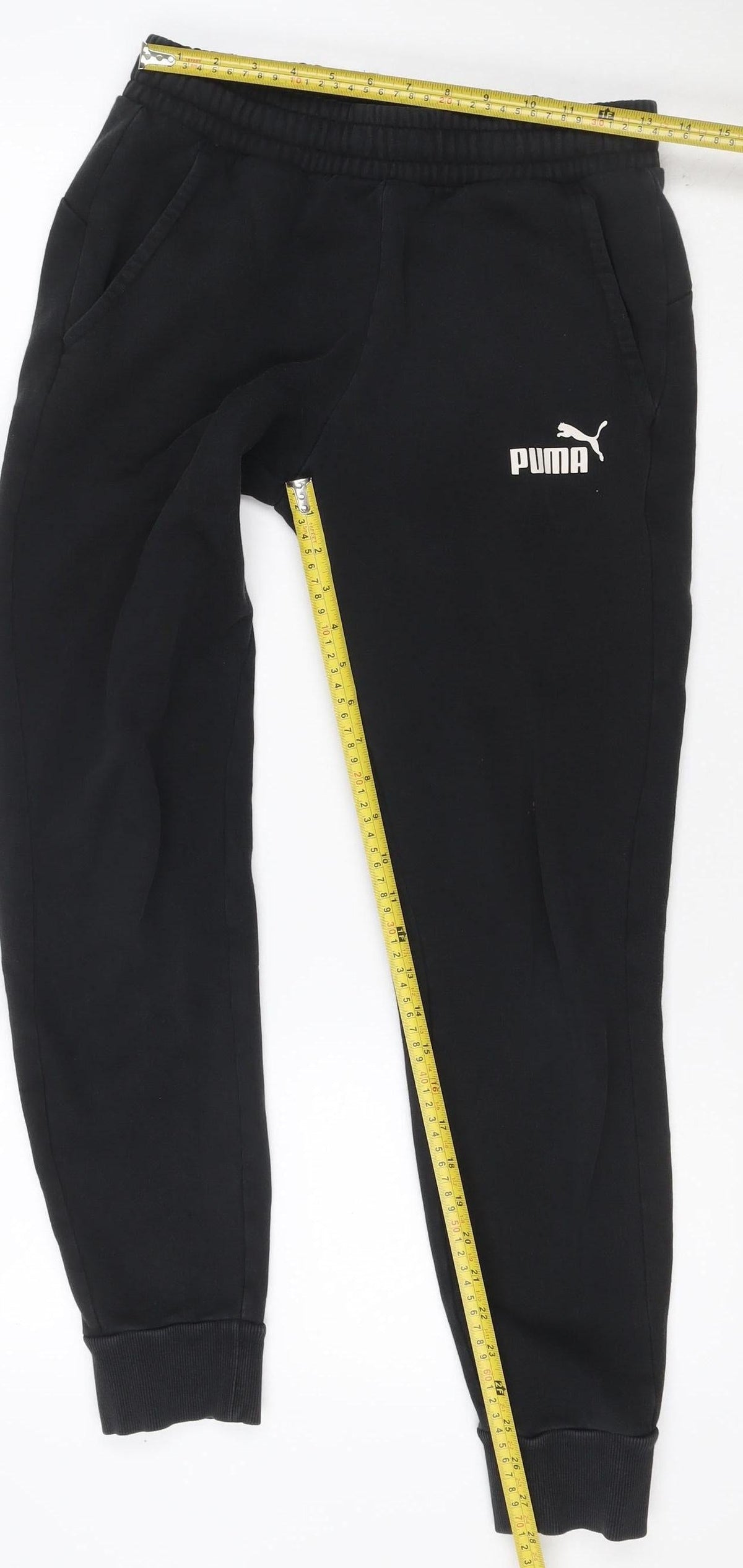 Brand and care label for Puma Men's Black S Jogger Track Pants Elastic Waist Cuffed Sports Trousers