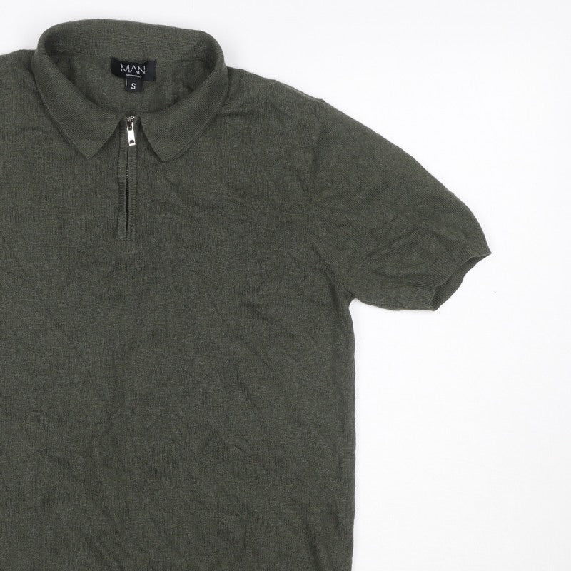 Additional view of boohooMAN Men’s Green, size S, Knit 1/4 Zip Short Sleeve Polo