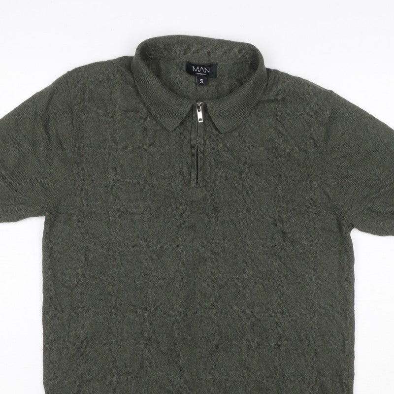 Additional view of boohooMAN Men’s Green, size S, Knit 1/4 Zip Short Sleeve Polo