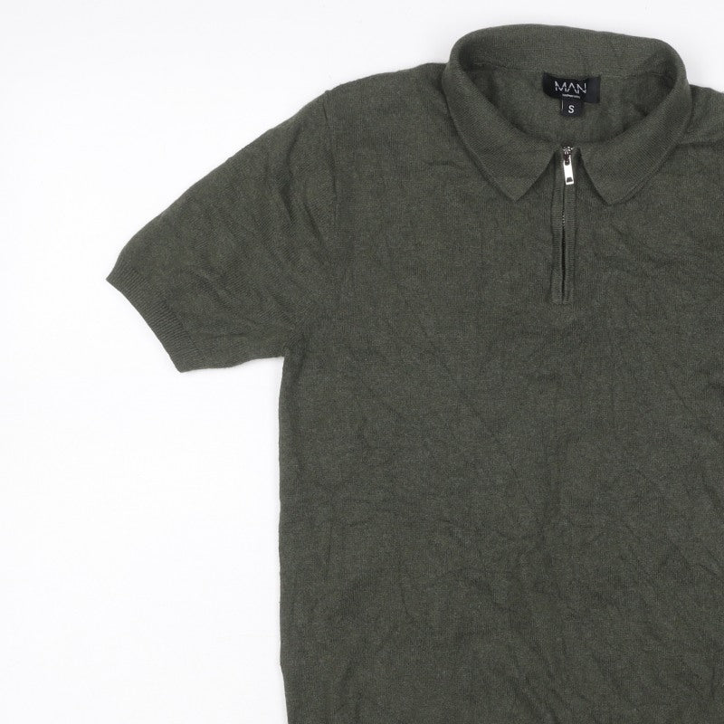 Additional view of boohooMAN Men’s Green, size S, Knit 1/4 Zip Short Sleeve Polo