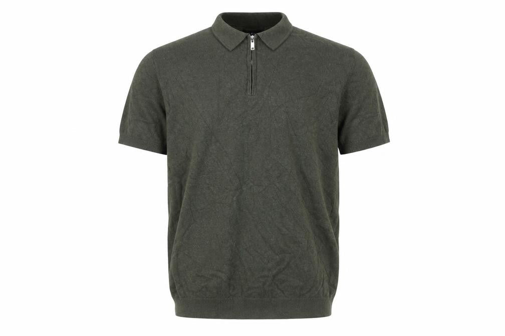Front view of boohooMAN Men’s Green, size S, Knit 1/4 Zip Short Sleeve Polo