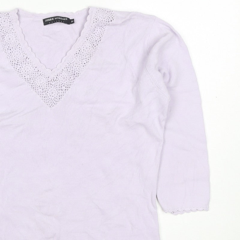 Debbie Morgan Women Purple M V-Neck Crochet Knit Jumper 3/4 Sleeve