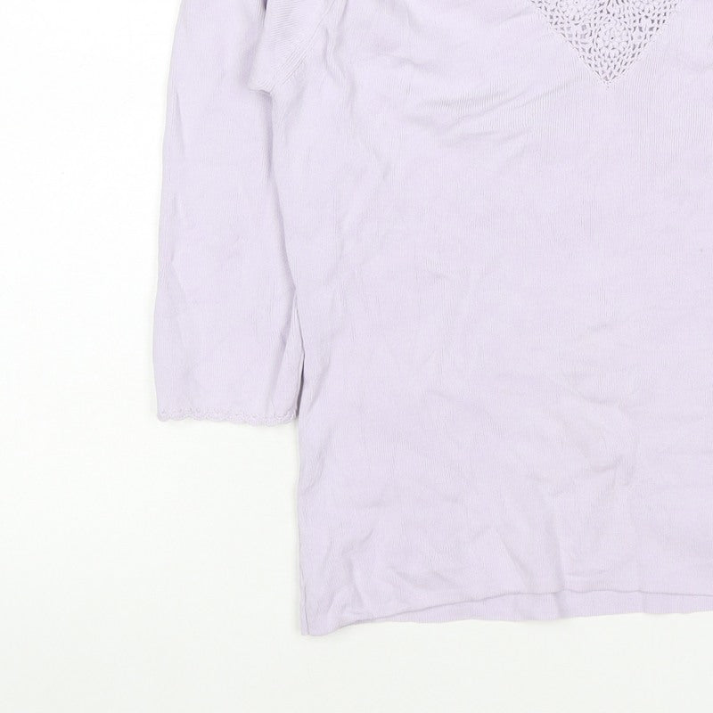 Debbie Morgan Women Purple M V-Neck Crochet Knit Jumper 3/4 Sleeve