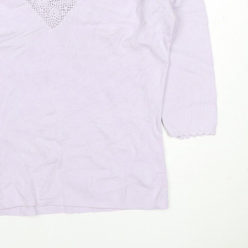 Debbie Morgan Women Purple M V-Neck Crochet Knit Jumper 3/4 Sleeve